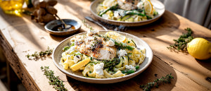 Zitronenhuhn mit Ziegenkäse und grünen Gemüsenudeln