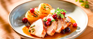 Putenbrust mit Orangen-Preiselbeersoße und karamellisierten Petersilienwurzeln