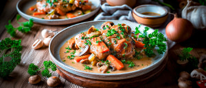 Geschmorte Kaninchenkeule in Waldpilzsoße