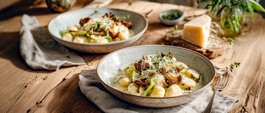 Kartoffelgnocchi in Allgäuer Bergkäsesoße mit Lauch und Pfifferlingen