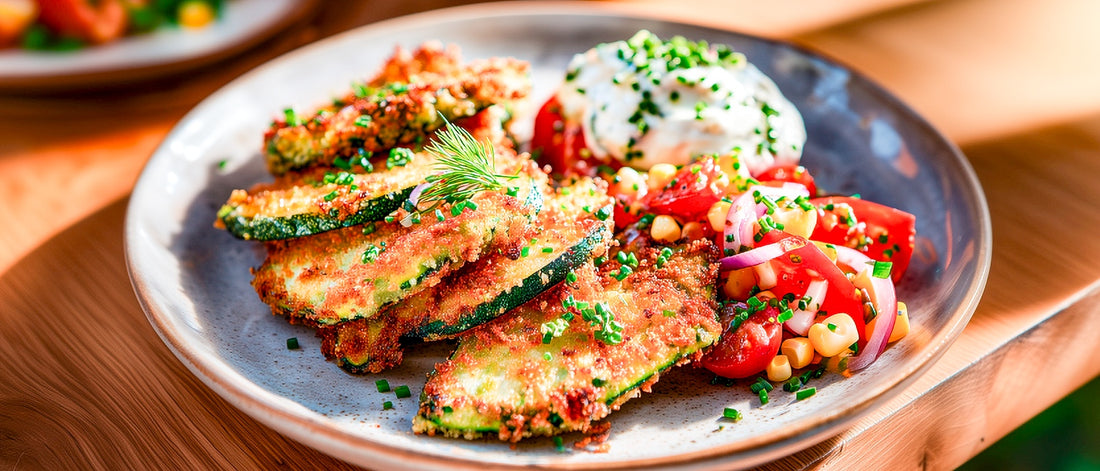 Zucchinischnitzel mit Kräuterquark und Mais-Tomatensalat