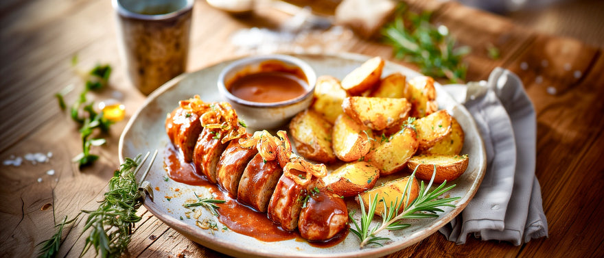 Currywurst mit Rosmarinkartoffeln