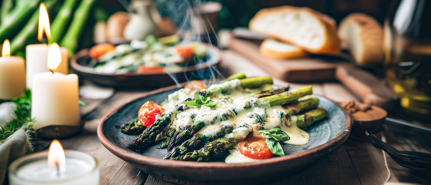 Gegrillter grüner Spargel mit Gorgonzolasoße
