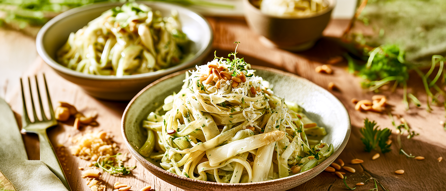 Bandnudeln mit Spargel in Parmesan-Kräutersoße