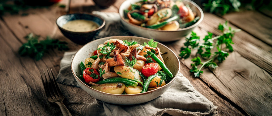 Kartoffelsalat mit grünen Bohnen und Pfifferlingen