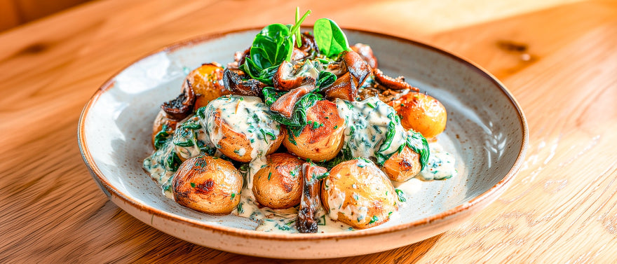 Röstkartoffeln mit Pilzen und Spinat-Gorgonzola-Soße