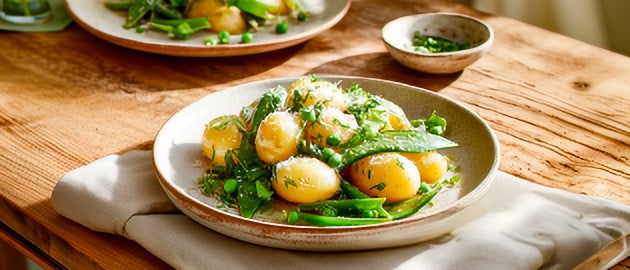 Kerbelkartoffeln mit Kohlrabi-Zuckerschotenragout