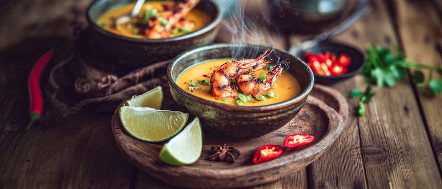 Sauer-scharfe Kokos-Kürbissuppe mit Riesengarnelen Africa Style