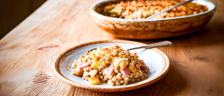 Perlgraupen-Lauchgratin mit gekochtem Schinken