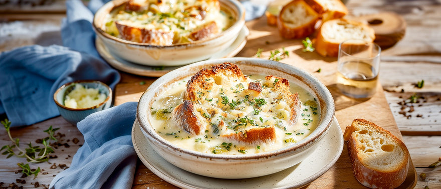 Käsefondue-Auflauf mit Lauch und Röstbrot