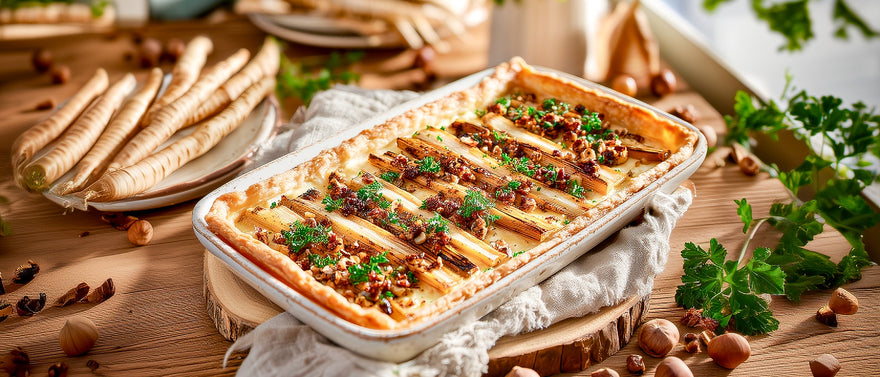 Schwarzwurzel-Schmandtarte mit Haselnüssen