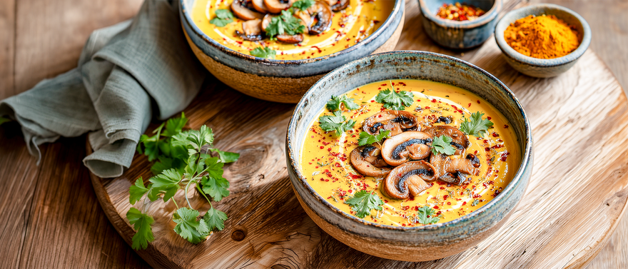 Kokos-Kürbissuppe mit Grünkernen und Champignons