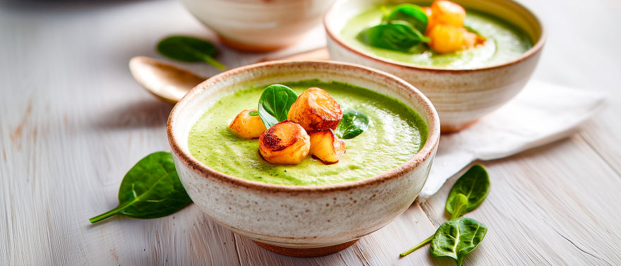 Spinatcremesuppe mit gerösteten Kartoffeln