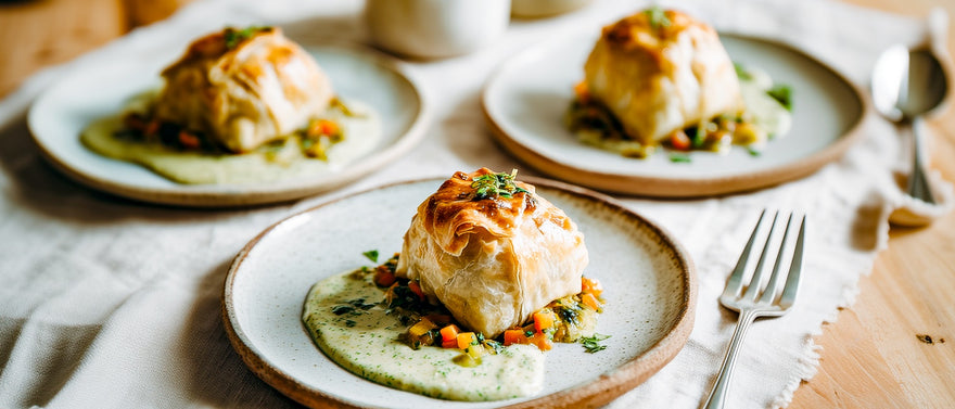 Knusprige Mini-Gemüsestrudel mit Bärlauchsoße