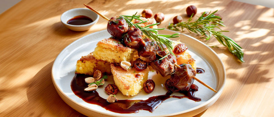 Lamm-Dattel-Spieße auf gebratener Haselnuss-Polenta