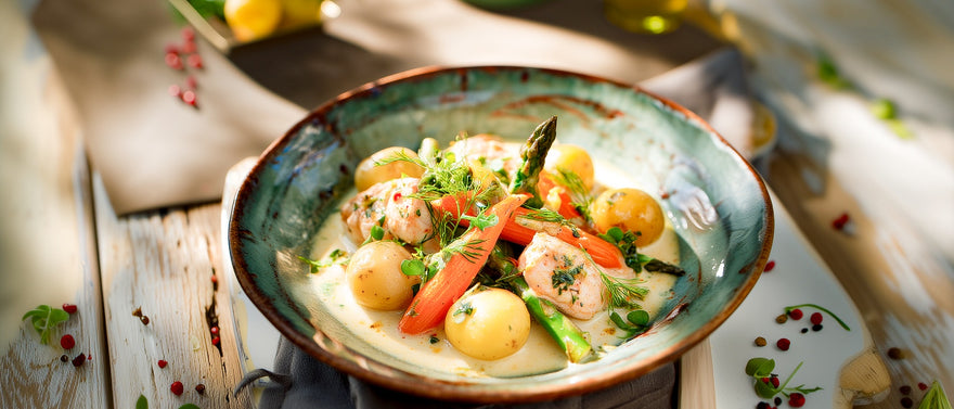 Fischragout mit Möhren und grünem Spargel