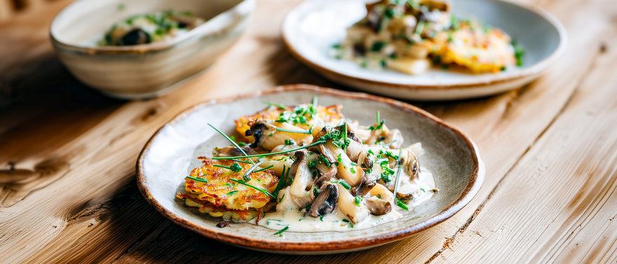 Spargel-Pilzragout mit Kartoffelrösti