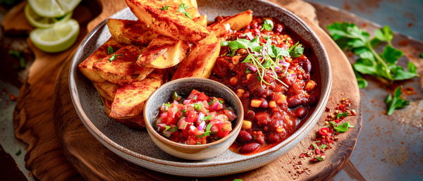 Chili sin Carne mit feurigen Kartoffelwedges und Salsa