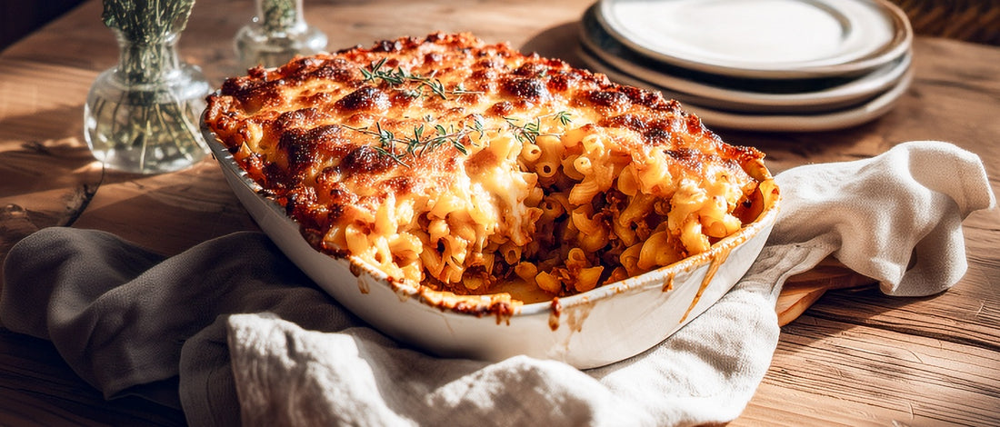 Maccaroni-Auflauf mit veganem Gulasch