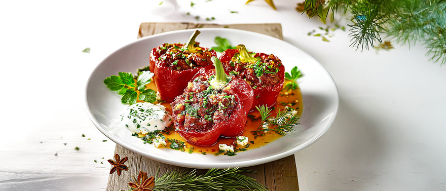 Überbackene Paprika mit Gulasch