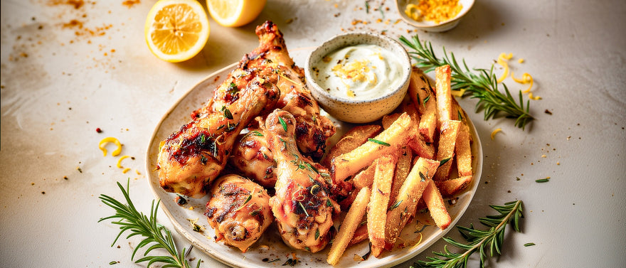 Hähnchenkeule aus dem Ofen mit Zitronen-Joghurt-Dip und Mais-Pommes