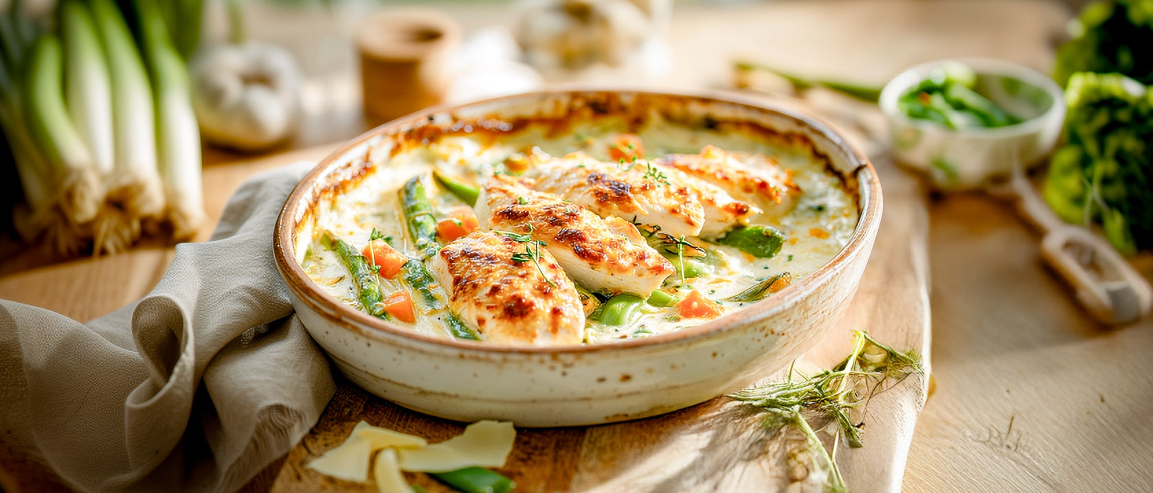 Auflauf mit Frühlingsgemüse und Hähnchenfilet