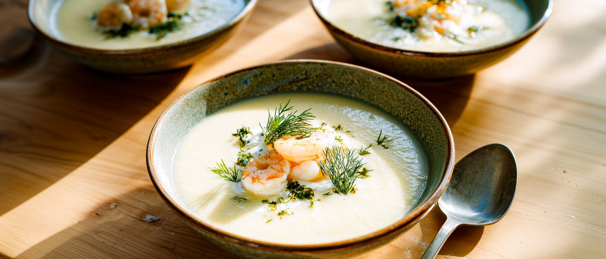Spargel-Gemüsesuppe mit Krabben