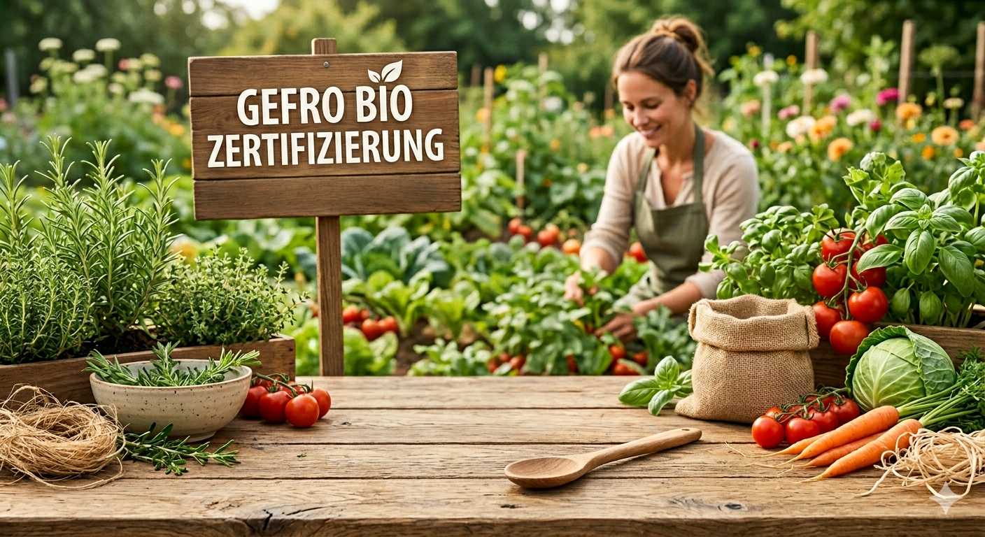 GEFRO Bio Zertifizierung auf einem Holzschild stehend, dazu eine Frau in einem Bunten Gemüsegarten