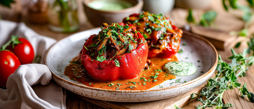 Überbackene Paprika mit Gulasch