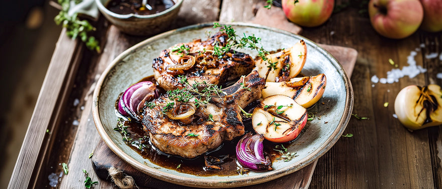 Schweinekoteletts mit gegrillten Äpfeln und Balsamico-Zwiebel-Soße