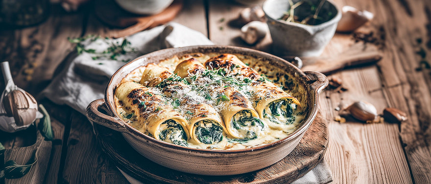 Pfannkuchen mit Spinat und Ricotta gefüllt