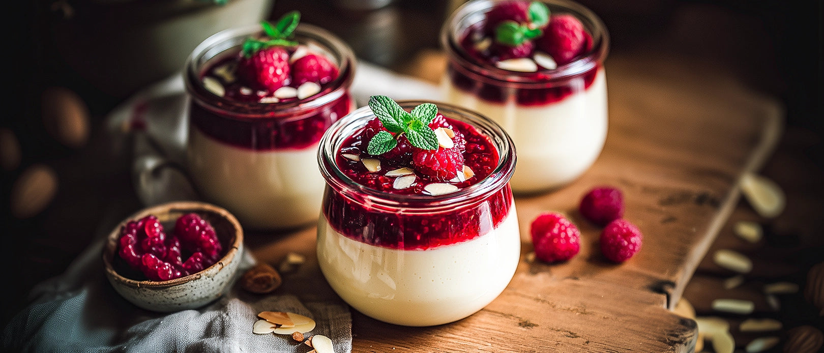 Mandel-Joghurtcreme mit Himbeersoße