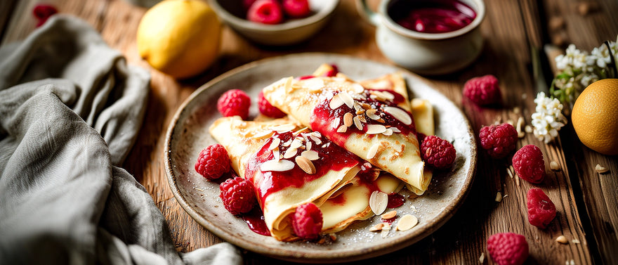 Mandel-Zitronen-Crêpes mit Himbeersugo