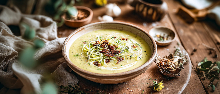 Lauchcremesuppe mit Kokos und Datteln