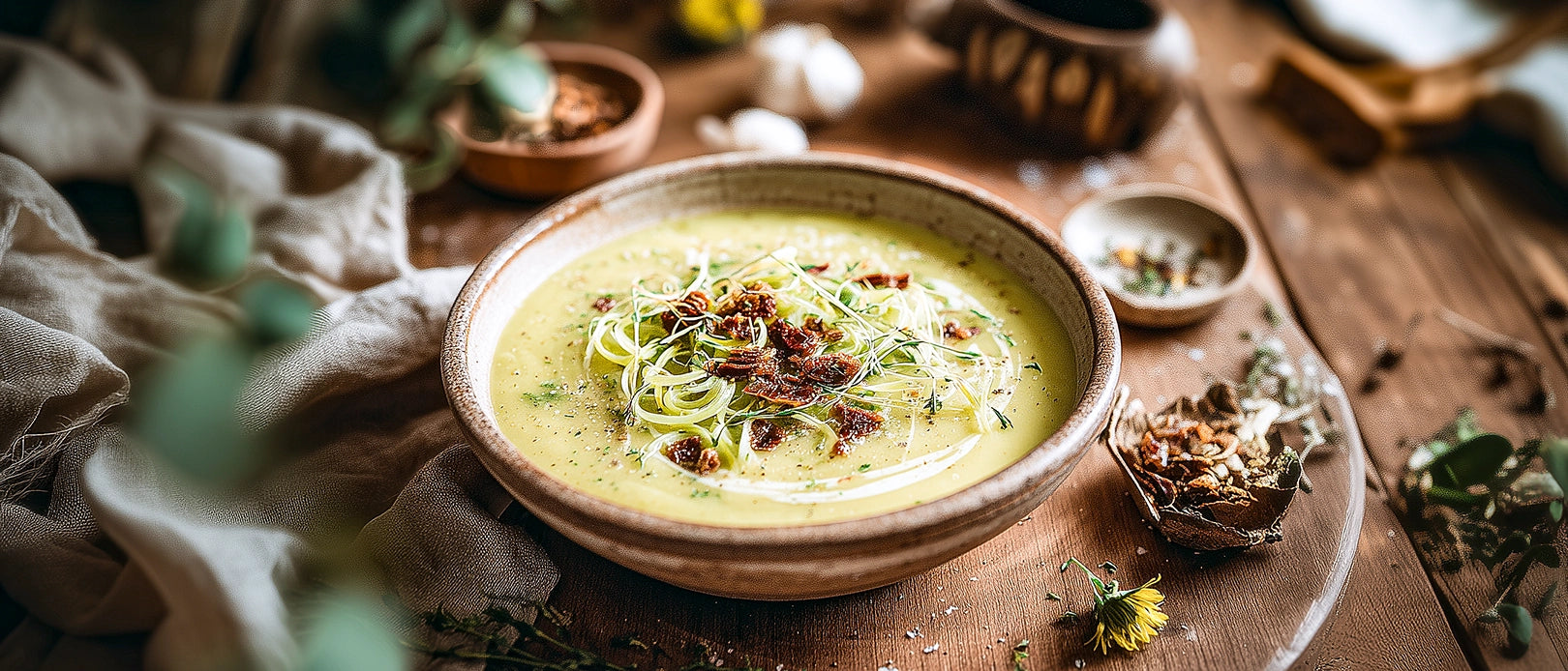 Lauchcremesuppe mit Kokos und Datteln
