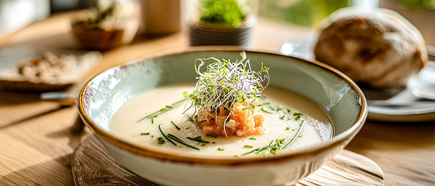 Kartoffel-Meerrettichsuppe mit Zitrone und Lachstatar