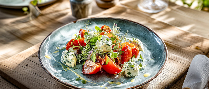 Junger Raukesalat mit Tomate und Frischkäse-Kräuternocken