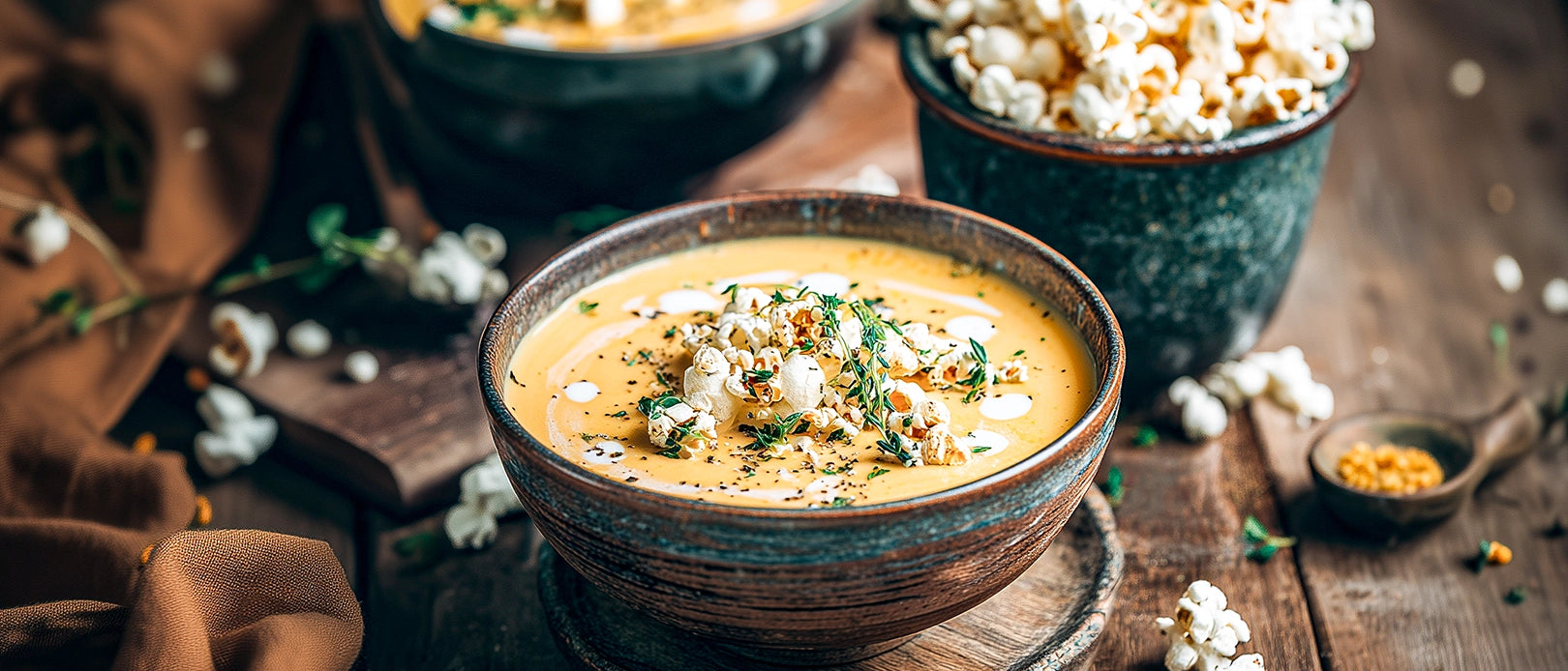 Kalte Paprika-Joghurtsuppe mit Popcorn