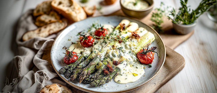 Gegrillter grüner Spargel mit Gorgonzolasoße