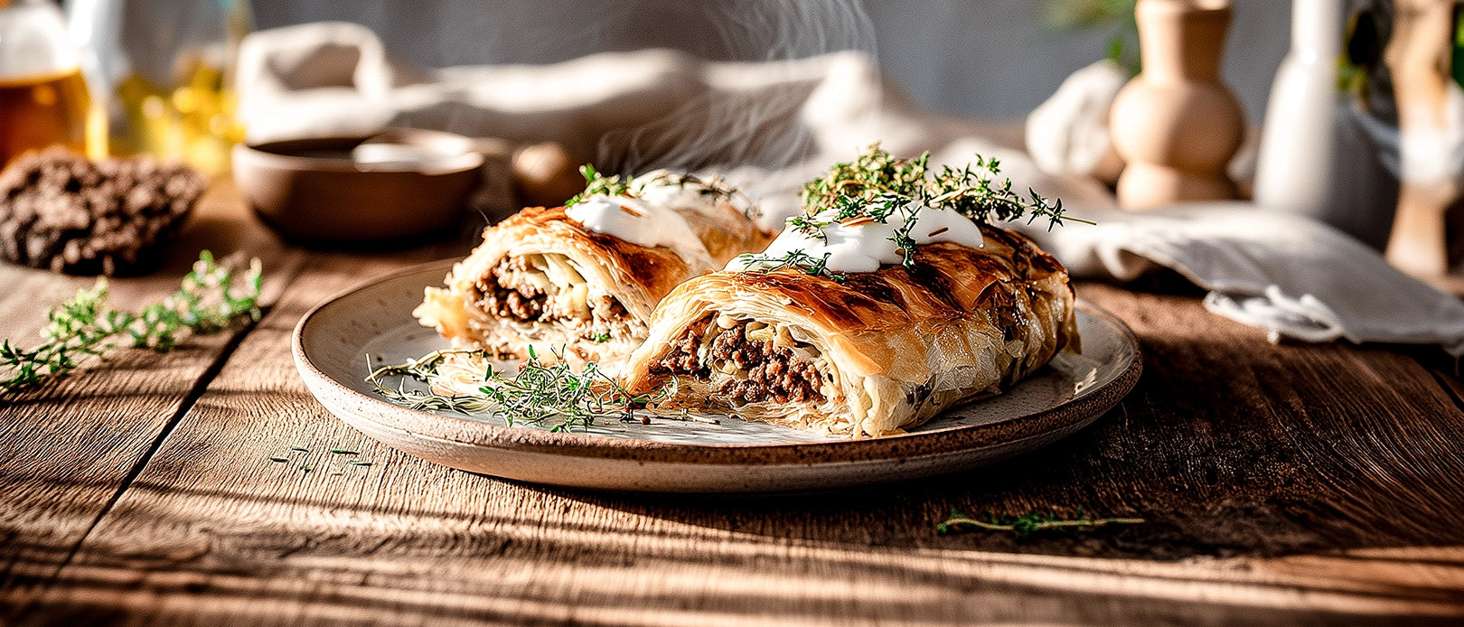 Frischkäsestrudel mit Rindfleisch und Spitzkohl
