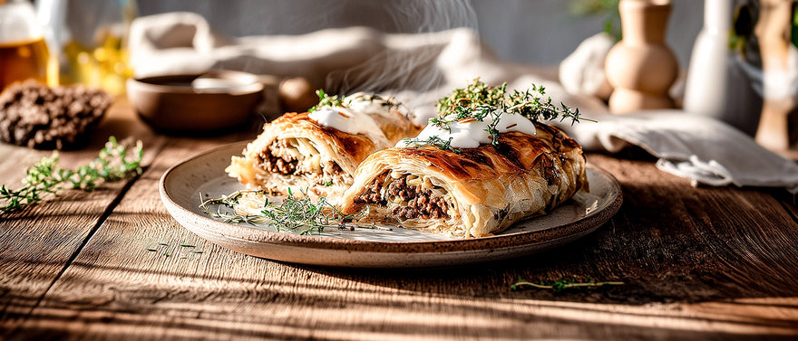 Frischkäsestrudel mit Rindfleisch und Spitzkohl