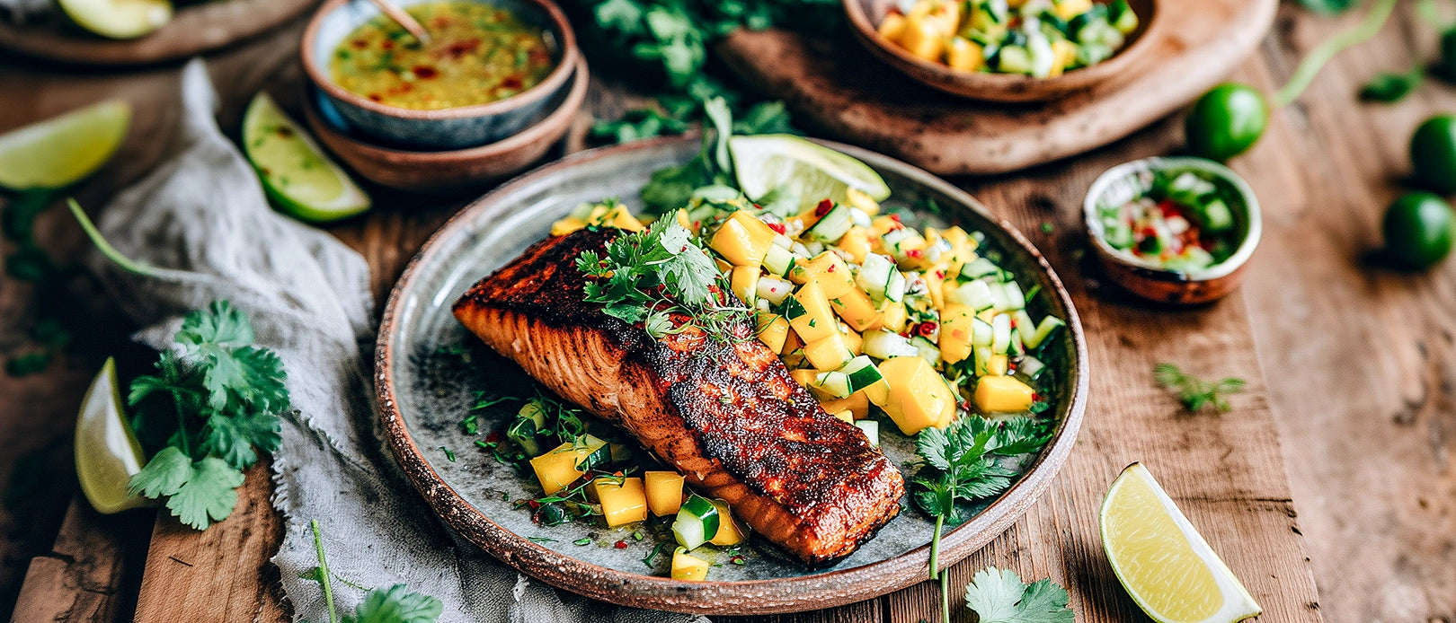 Gegrillter Curry-Lachs mit Mango-Gurken-Salsa