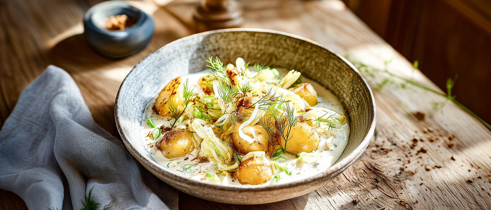 Fenchel-Sauerrahmsüppchen mit Lauchzwiebeln und karamellisierten Kartoffeln