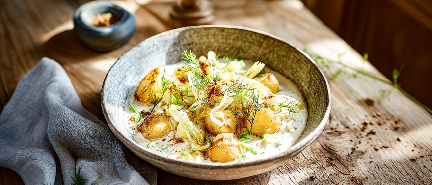 Fenchel-Sauerrahmsüppchen mit Lauchzwiebeln und karamellisierten Kartoffeln