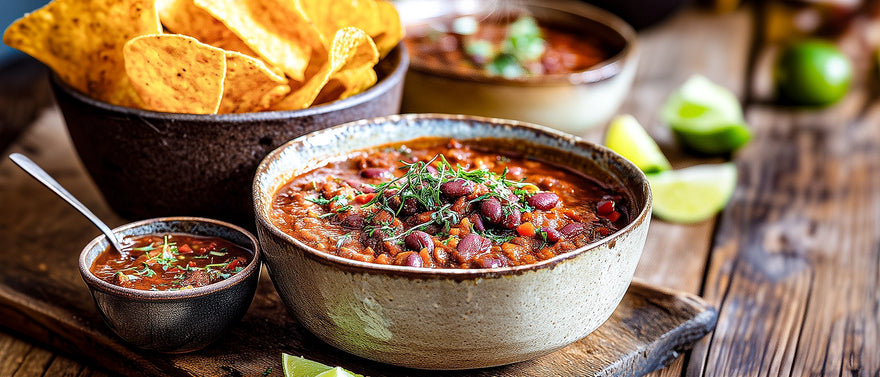Chili sin Carne mit Taco-Chips und Teufelssoße