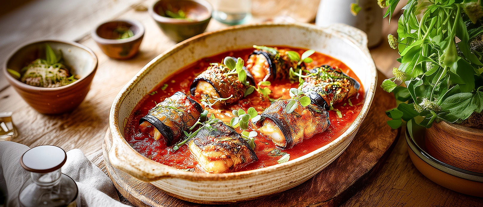 Auberginen-Fischröllchen in Tomatensoße