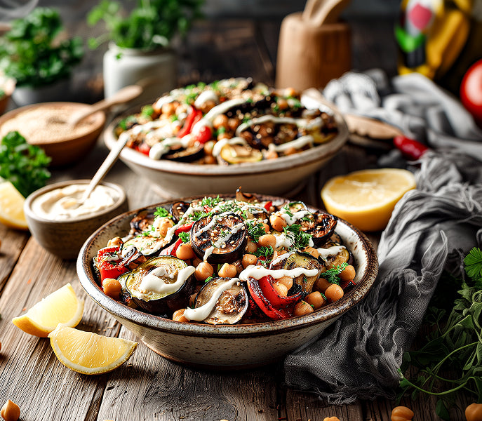 Veganes Grillgemüse mit Kichererbsen und cremigem Tahini-Dip