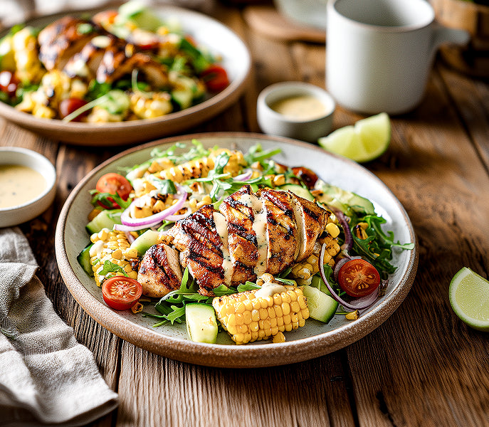 Hähnchenfilets vom Grill mit gegrilltem Mais-Avocado-Salat