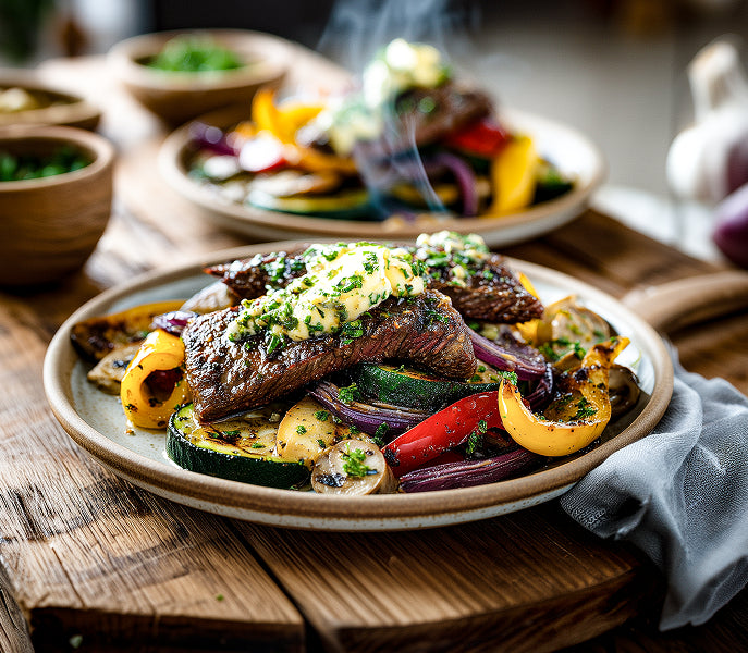 Extra Hot Steakstreifen mit Grillgemüse und Knoblauch-Kräuter-Butter
