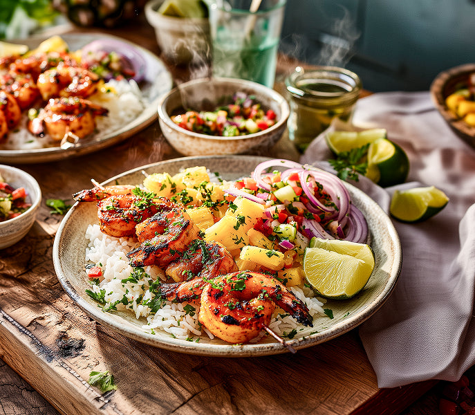Feurige BBQ-Garnelen mit Ananas-Paprika-Salsa und Limettenreis